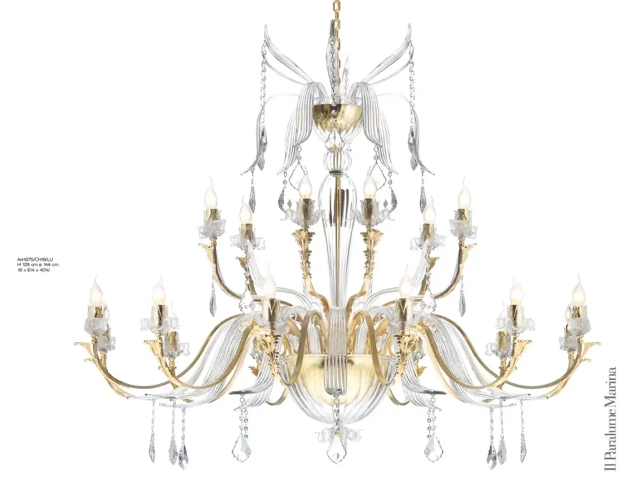 obrazek 1 Żyrandol z 18 światłami z mosiądzu z elementami ze szkła Murano i wisiorkami Swarovski Crystal - Il Paralume Marina