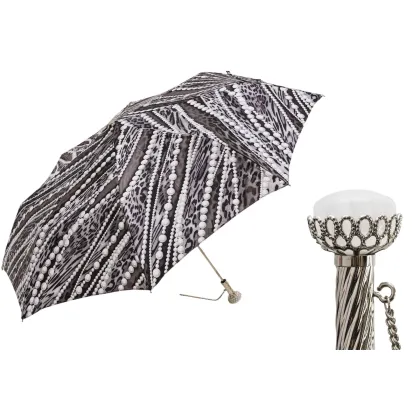 Zdjęcie Elegancki czarny parasol damski zdobiony nadrukiem pereł z rączką wysadzaną klejnotem – Pasotti