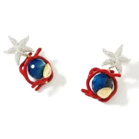 Picture 18K Yellow Gold Silver Plated Earrings Cubic Zircons Coral Red Enamel Blue Agate