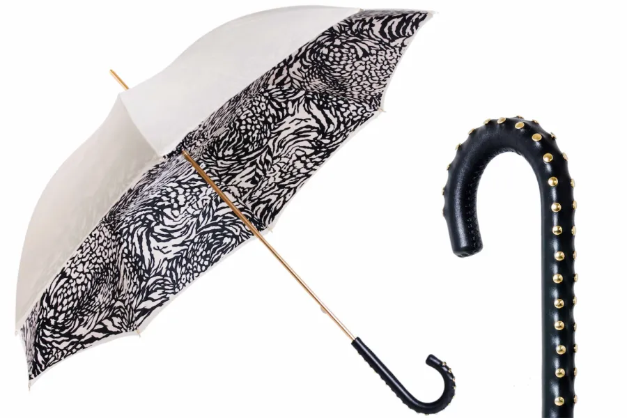 obrazek 1 Stylowy parasol damski w kolorze kości słoniowej zdobiony czarno-białymi paskami - Pasotti