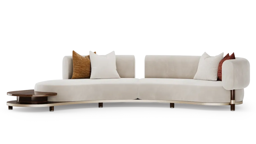 obrazek 3 Wyjątkowa tapicerowana sofa ze zintegrowanym stolikiem bocznym, wykonana z solidnej drewnianej konstrukcji z wyrafinowanymi metalowymi detalami