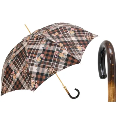 Zdjęcie Stylowy parasol damski w klasyczną brązową kratę z motywem kwiatów – Pasotti