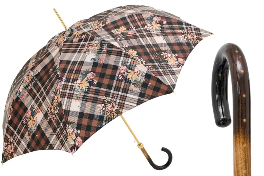 obrazek 1 Stylowy parasol damski w klasyczną brązową kratę z motywem kwiatów – Pasotti