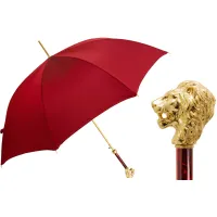 Zdjęcie Elegancki czerwony parasol męski z rączką w kształcie złotego lwa – Pasotti