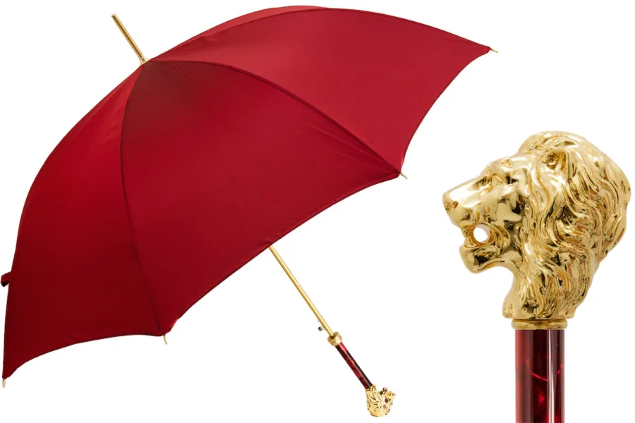 obrazek 1 Elegancki czerwony parasol męski z rączką w kształcie złotego lwa – Pasotti