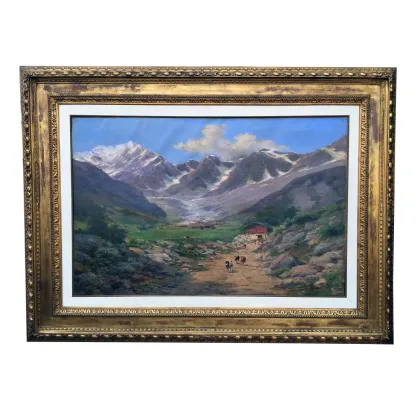 Picture Silvio Poma - an oil painting depicting a mountain landscape, a mountain pasture and grazing cows