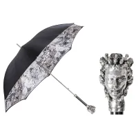 Picture Exclusive black women's umbrella decorated with a unique plant motif with a handle - a human head - Pasotti