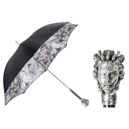 Zdjęcie Ekskluzywny czarny parasol damski zdobiony wyjątkowym roślinnym motywem z rączką – ludzką głową – Pasotti