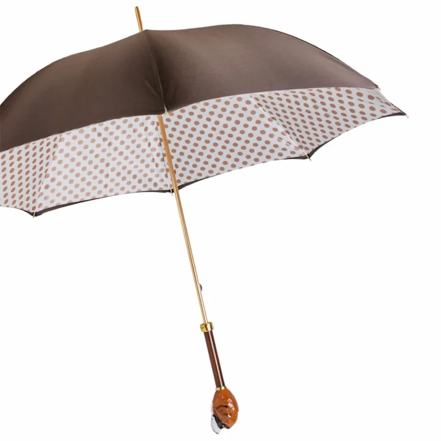 obrazek 8 Stylowy brązowo biały parasol damski w brązowe kropki z rączką zdobioną głową psa bernardyna – Pasotti