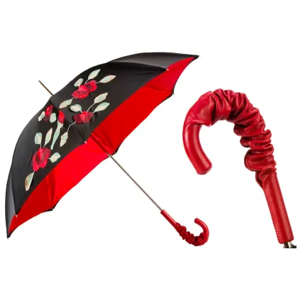 Zdjęcie Luksusowy czarno czerwony parasol damski zdobiony kwiatowym motywem w stylu hiszpańskim – Pasotti