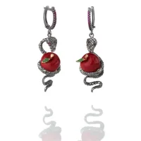 Picture Unique earrings 925 polished silver, ruby zircons, glaze