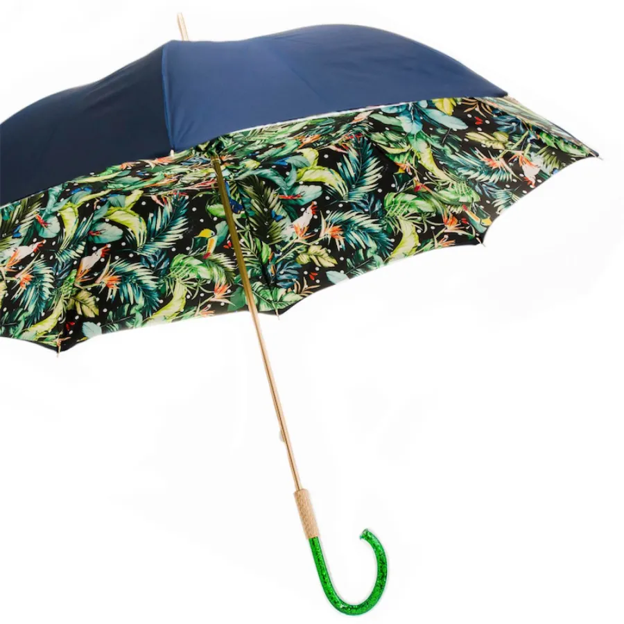 obrazek 7 Piękny granatowy parasol damski zdobiony wyjątkowym motywem tropikalnego lasu - Pasotti