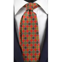 Picture A dazzling red tie with a multicolored print