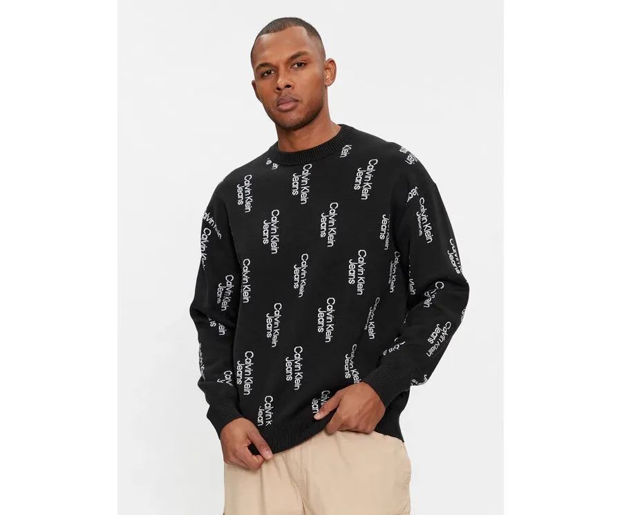 obrazek 1 Calvin Klein Jeans Sweter Stacked Logo Aop Sweater J30J325287 Czarny Regular Fit