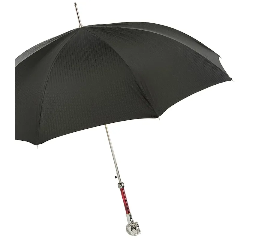 obrazek 7 Stylowy czarny parasol męski z rączką w kształcie srebrnej głowy konia – Pasotti
