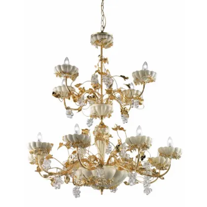 Zdjęcie Dwupoziomowy żyrandol z 12 ramionami w odcieniach beżu i złota