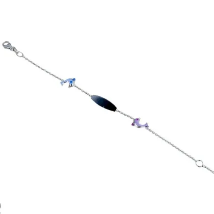 Zdjęcie Wyjątkowa dziecięca bransoletka plakietka z emaliowanymi delfinami z łańcuszkiem rolo