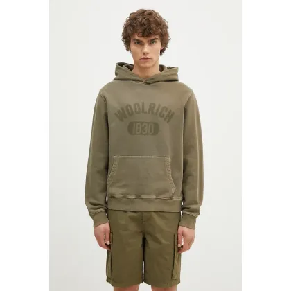 Zdjęcie Woolrich bluza bawełniana Garment Dyed Logo Hoodie męska kolor zielony z kapturem wzorzysta CFWOSW0220MRUT3686