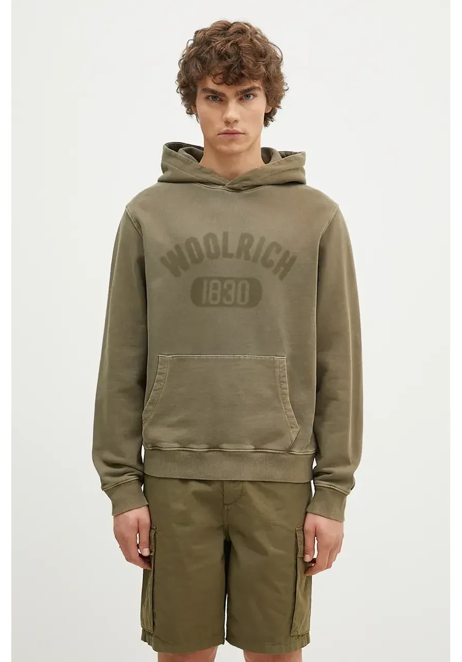 obrazek 1 Woolrich bluza bawełniana Garment Dyed Logo Hoodie męska kolor zielony z kapturem wzorzysta CFWOSW0220MRUT3686