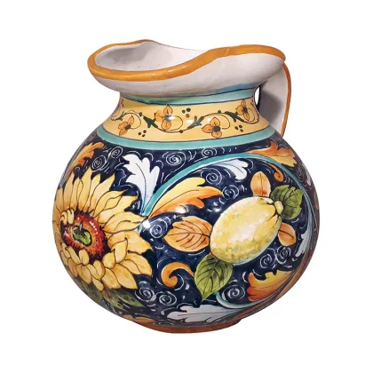 Picture Italian ceramic jug with decoration with sunflowers and blue scrolls
