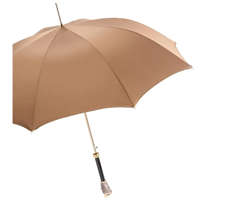 obrazek 8 Stylowy beżowy parasol męski z rączką w kształcie sowy – Pasotti