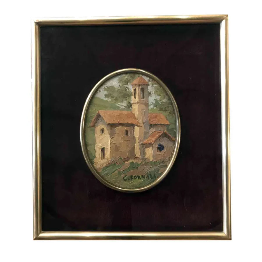 obrazek 2 Obraz olejny na owalnej tekturze przedstawiający kościół z dzwonnicą w Prestinone w Val Vigezzo