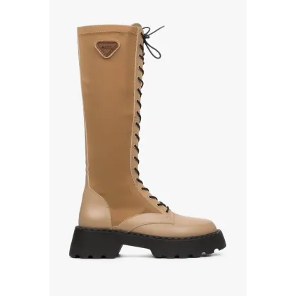 Zdjęcie Estro: Wysokie workery damskie z elastyczną cholewką, beżowo-brązowe