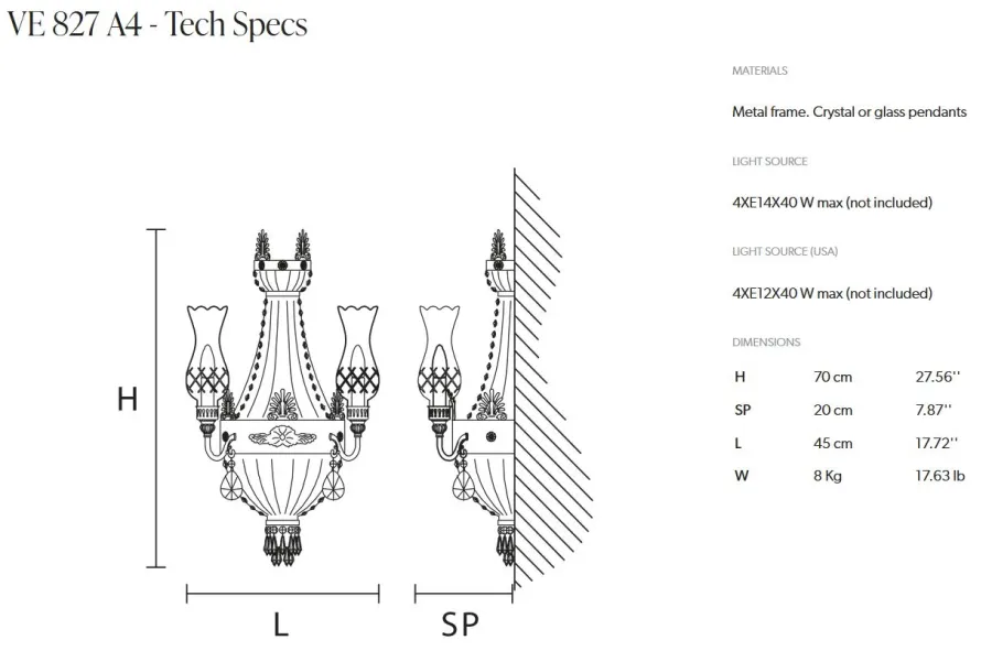 obrazek 2 Metalowa lampa ścienna z kryształami wykonana we Włoszech