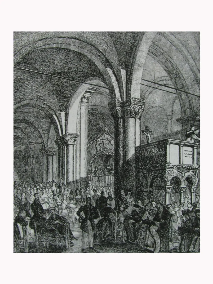 obrazek 2 Rycina przedstawiająca wnętrze katedry Sant'Ambrogio podczas homilii z nawami pełnymi wiernych