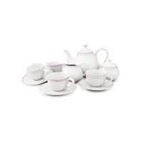 Zdjęcie Stylowy 11-elementowy zestaw do herbaty z porcelany w kolorze różowym zdobiony delikatnym motywem – Leander