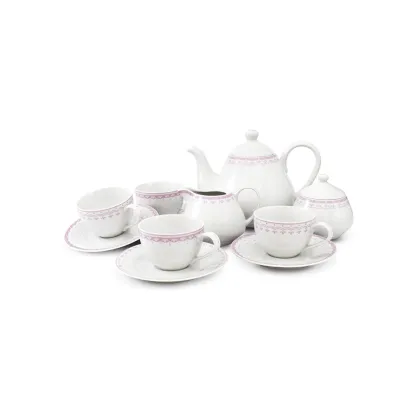 Zdjęcie Stylowy 11-elementowy zestaw do herbaty z porcelany w kolorze różowym zdobiony delikatnym motywem – Leander