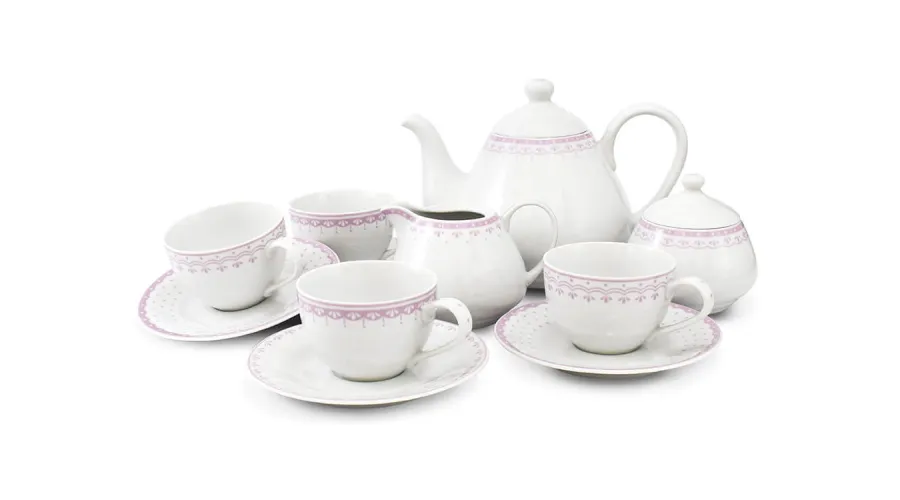 obrazek 1 Stylowy 11-elementowy zestaw do herbaty z porcelany w kolorze różowym zdobiony delikatnym motywem – Leander