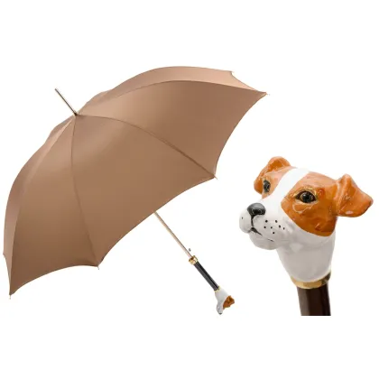 Picture A unique light brown men's umbrella with a handle in the shape of a dog's head - Pasotti