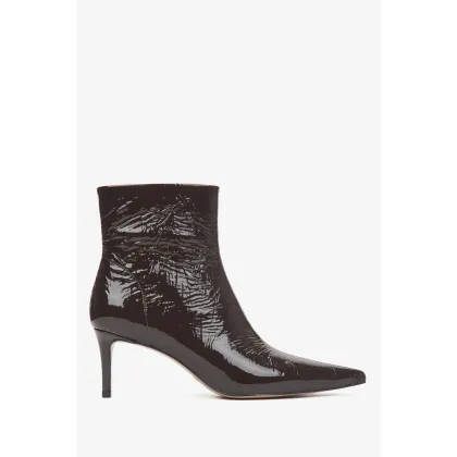 Zdjęcie Estro: Ciemnobrązowe botki damskie z lakierowanej skóry naturalnej na szpilce