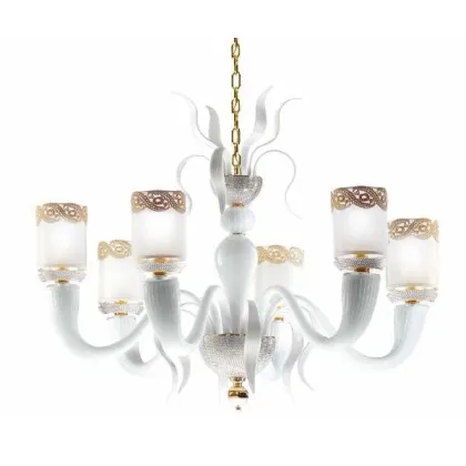 Zdjęcie Żyrandol 6-świetlny z białego szkła Murano z mosiężnymi elementami inkrustowanymi kryształami Swarovski - Il Paralume Marina