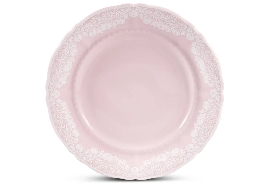 obrazek 1 Piękny porcelanowy talerz deserowy w kolorze różowym z delikatnym zdobieniem – Leander