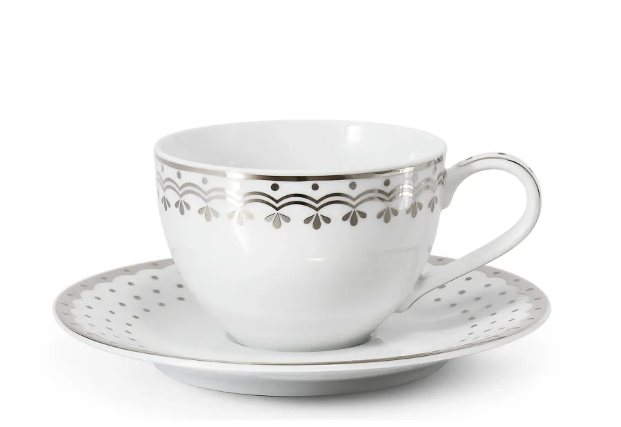 obrazek 1 Elegancka filiżanka ze spodkiem z porcelany z platynowym zdobieniem z kolekcji HyggeLine – wariant 1 – Leander