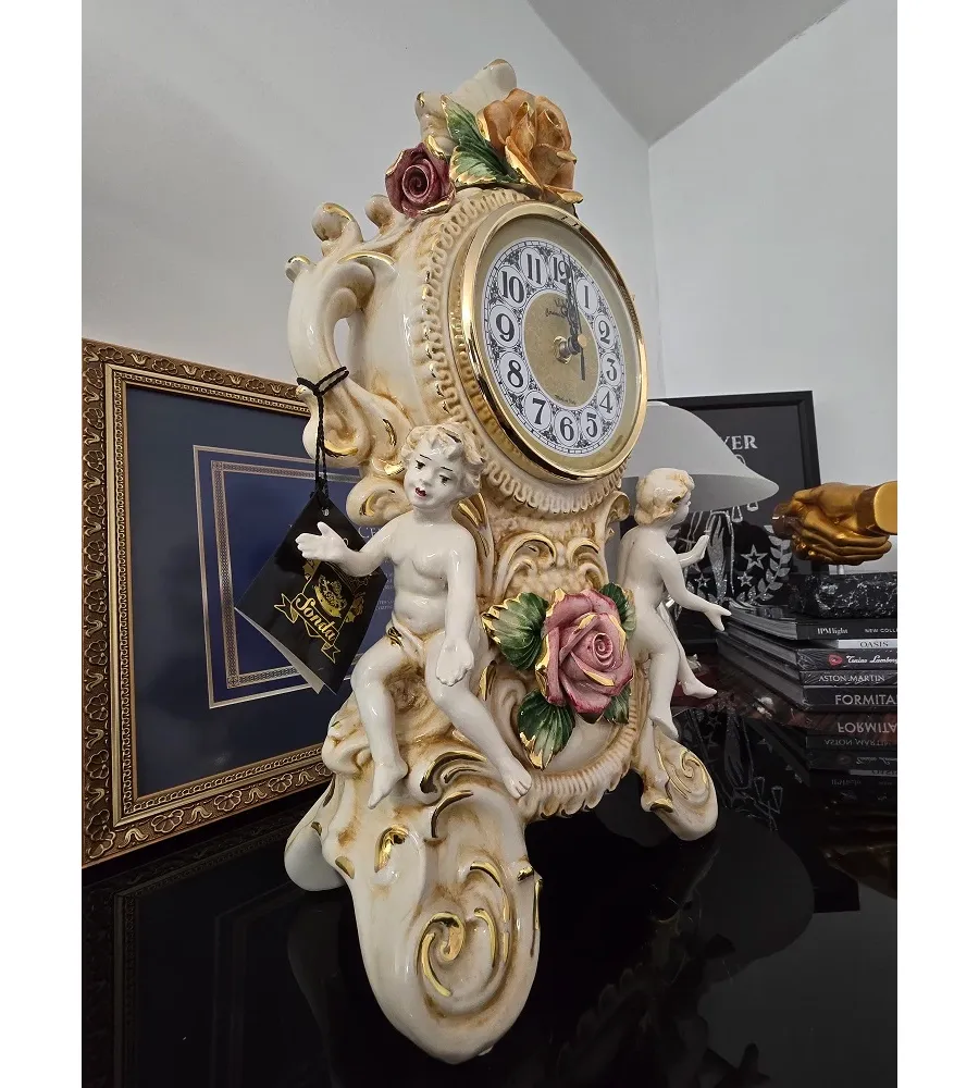 obrazek 6 Włoski ceramiczny zegar ozdobny z różami i aniołkami