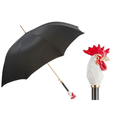 Picture Prestigious black men's umbrella with a handle in the shape of a rooster's head - Pasotti