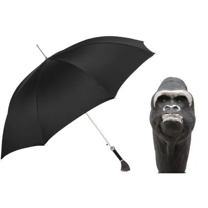 Picture Stylish black men's umbrella with a handle in the shape of a gorilla's head - Pasotti