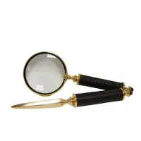 Picture A magnifying glass and a letter opener with a black handle