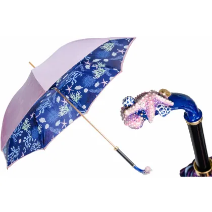 Zdjęcie Luksusowy fioletowo niebieski parasol damski zdobiony morskim wzorem z rączką z rozgwiazdą – Pasotti