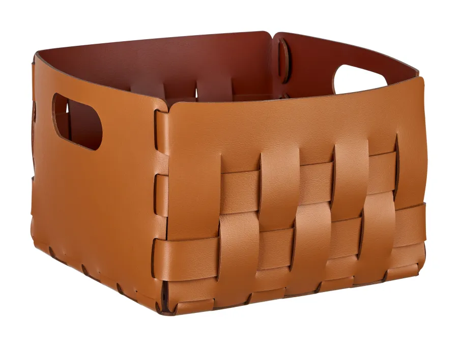 obrazek 1 Stylowy skórzany kosz Bottega 25x25xH20 cm w kolorze koniakowym