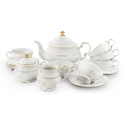 Zdjęcie Stylowy 15-elementowy zestaw do herbaty z porcelany zdobiony delikatną złotą obwódką w stylu nowoczesnym – Leander