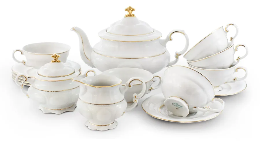 obrazek 1 Stylowy 15-elementowy zestaw do herbaty z porcelany zdobiony delikatną złotą obwódką w stylu nowoczesnym – Leander