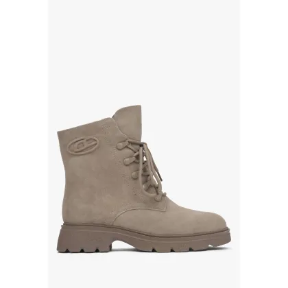 Zdjęcie Estro: Beżowe botki damskie na zimę z miękkiego weluru naturalnego