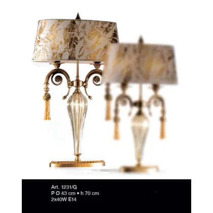 Picture Luxurious two-light lamp in antique gold with clear and gold Murano glass element – Il Paralume Marina
