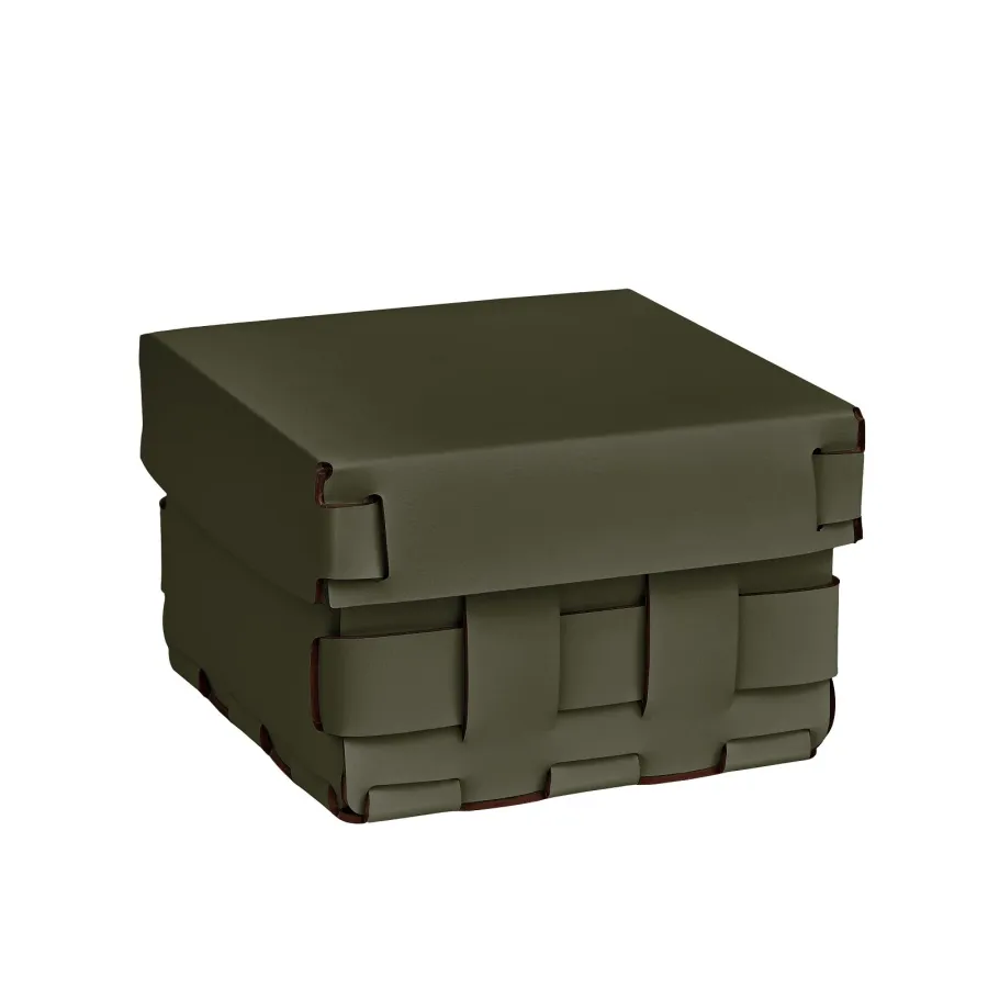 obrazek 1 Ciemnooliwkowy skórzany kosz Bottega 19x19xH13 cm do wyjątkowego wnętrza