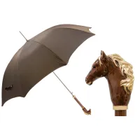 Zdjęcie Oryginalny brązowy parasol męski z rączką w kształcie głowy konia - Pasotti