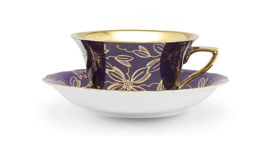 obrazek 1 Piękne dwie porcelanowe filiżanki do herbaty Windsor ze spodkami w kolorze fioletowym zdobione złotym motywem kwiatowym – Leander